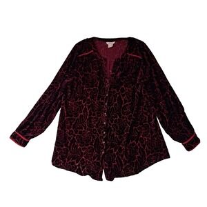 Sundance Top Women's Medium Red Velvet Burnout Button Up Long Sleeve Silk Blend